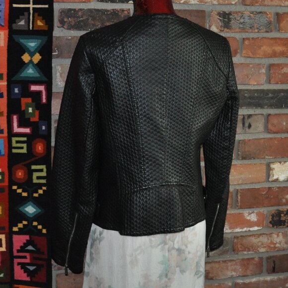 Karl Lagerfeld Paris Woven Texture Black Faux Leather Motorcycle Moto Jacket L - Picture 6 of 10